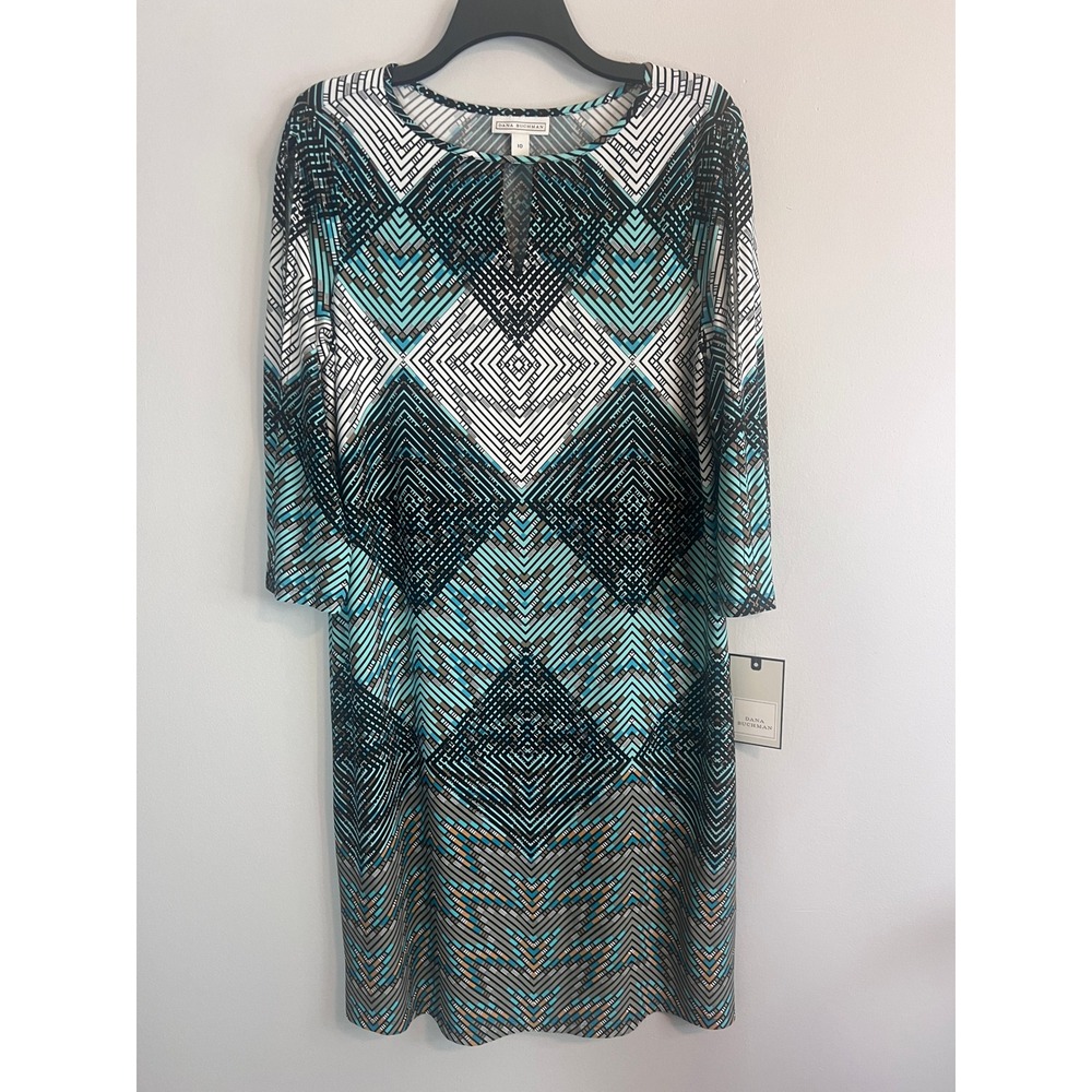 Dana Buchman Geometric Diamond Print Sheath Dress Teal Black WB71Y011RP Size 10